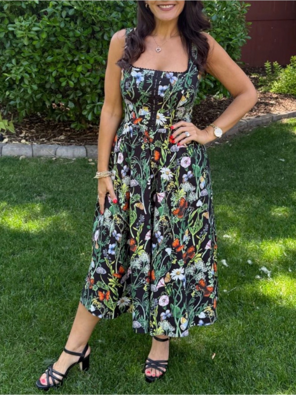 NWT Avec Les Filles Black Floral Midi Dress with Multicolor Blooms